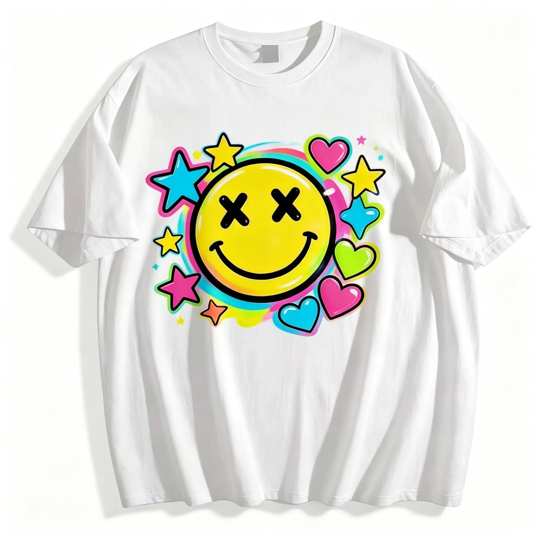 Unisex Smiley Face Graphic T-Shirt, Casual Classic Fit 100Cotton Short Sleeve Top, Shortsleeve