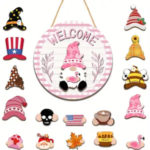 1 Set Gnome Wooden Decorative Plaque & Ornament Welcome Round Door Hanger Wall Hanging Ornament Interchangeable Seasonal Decor Suitable for Homes, Offices & Cafes Decoration for Thanksgiving, Halloween & Christmas Wooden Gnome Decorations