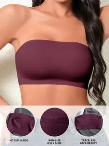 Women's Strapless Bralette, No Steel Cup Design, Soft Fit Daily Wear, Plain Pattern, Buckleless Style, All Season Comfort