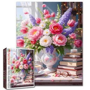 Tucocoo Romantic Flower Book Scene 1000 Pieces Jigsaw Puzzle Pink Blooms Vase Cozy Reading Warm Light Relaxing Family Game Stress Relief Brain Challenge Decorative Wall Art Thoughtful Mothers Day Gift for Mom Adults Seniors 27.5x20inch(70x50cm)