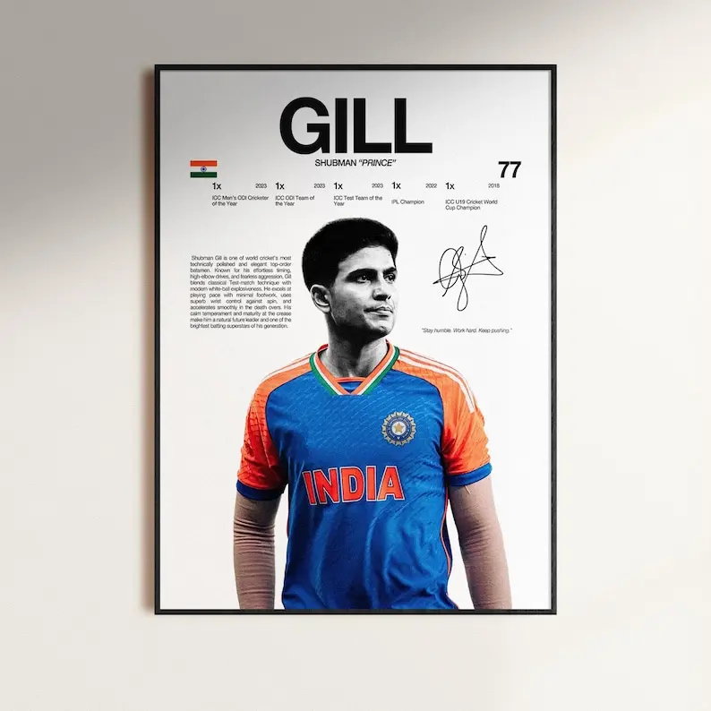 Shubman Gill Poster, Cricket Wall Print, Gujarat Titans Poster, India Cricket Poster, , Cricket Decor, Cricket Fan Gift