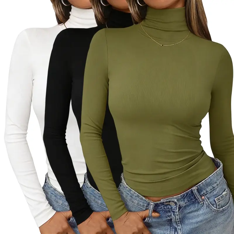 Women’s 3-Pack Faux Wool Thermal Base Tops - Casual Soft Faux Wool Crop Basic Tees, Turtleneck Long Sleeve, Warm Lined, Slim Fit Stretchy Fabric for Everyday Wear, Piece, Lightweight, Essential, Shirts, Matching, Comfortable, Breathable, High Neck, Rayon,