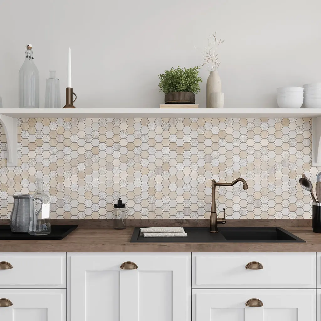Beige 12x12 Polished Etched Hexagon Crema Marfil Marble Mosaic Tile (12 Cases, 59.04 sq ft/Pallet)