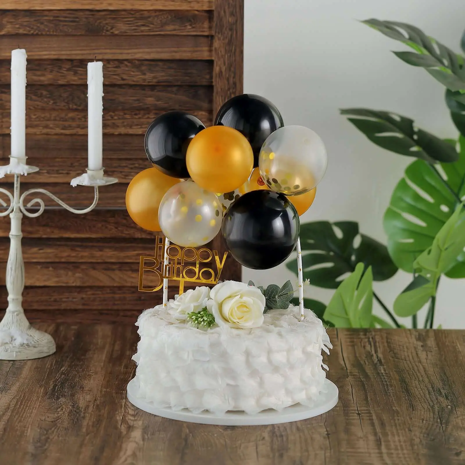 11 Pcs Confetti Balloon Cake Topper Black, Clear and Gold - Vibrant Clustered Mini Garland Cake Inserts for DIY Party Decorations