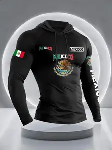 Men's Hooded Drawstring Long Sleeve T-Shirt, Spring Casual Ombre Mexico Flag Design, Comfortable Breathable Fabric, High Performance Activewear, Perfect for Gym & Leisure