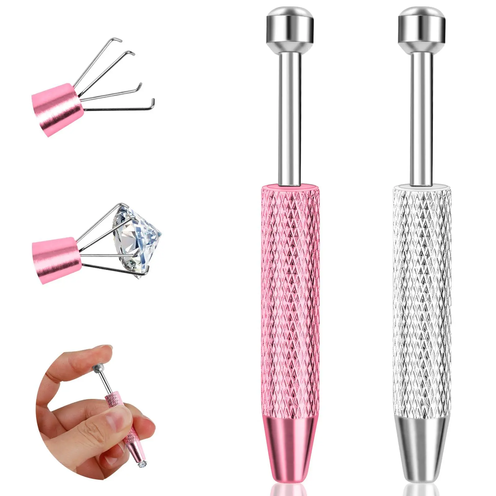2 Pcs Piercing Ball Grabber Tool, Mini 4 Prongs Claw Grabber Tweezers, Piercing Ball Holder, Jeweler Pick up Tool Small Parts Pickup Grabber for Jewelry Craft(Pink, Silver)