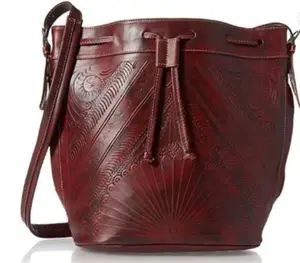 Leather Crossbody Purse, Bucket Bag, Drawstring bag, Genuine Leather Shoulder Bag, Handmade, Hand-tooled, Two Straps, C&C