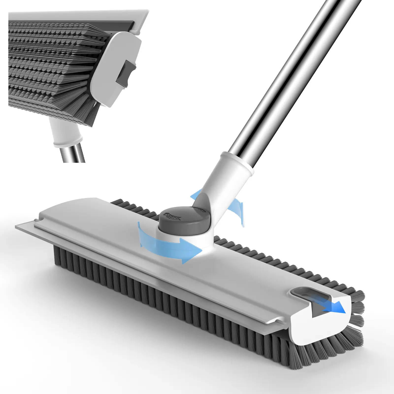 GLUMZRK Multi-Function 3-in-1 Floor Scrub Brush with Long Adjustable Stainless Steel Handle - 360° Bristle Brush, Smooth Silicone Squeegee Broom for Tile, Concrete Floors, Grey White, Glass Compatible (Long Handled Adjustable Brooms)