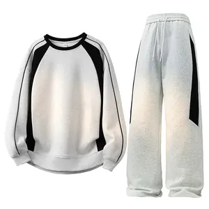 Casual sweatshirt set, unisex long-sleeve two-piece tracksuit, stylish color-block crewneck sweatshirt, straight-leg pants, contrast color-block crewneck sweatshirt set, spring loose casual sports two-piece set