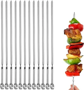 12 Pack Stainless Steel Kabob Skewers, Flat BBQ Skewers with Hook Handles, Reusable Grill Sticks for Meat, Chicken, Shrimp & Veggies