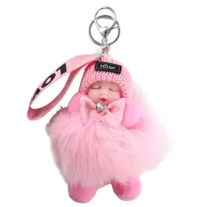 HDSP Plush Keychain 14cm Pink Sleeping Baby Doll Key Ring Bag Pendant for Girls Jewelry Gift Fluffy Plush Doll Keychain