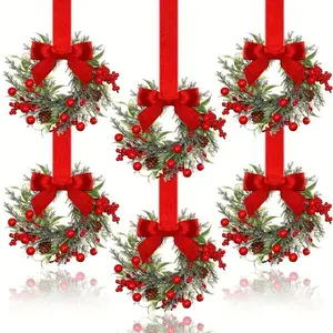6-Pack Christmas Mini Window Wreaths with Ribbon Bows & Red Berries - Small Cabinet Hangers, Farmhouse Style Kitchen Door Decor for Christmas Party Arrangements