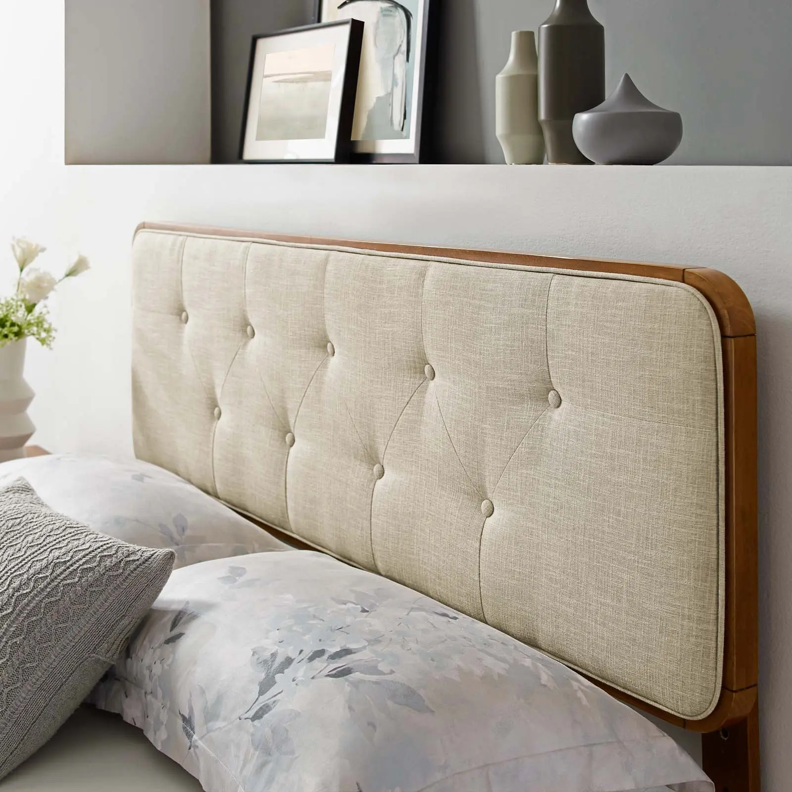 Modway Collins Tufted Foam Twin Headboard - Mid-Century Rectangular Fabric & Walnut Beige Wood Headboard for Indoor Bed Frames, Guest Bedroom, Modern Bedroom Unique Furniture, Headboards, Unique Bedroom Furniture
