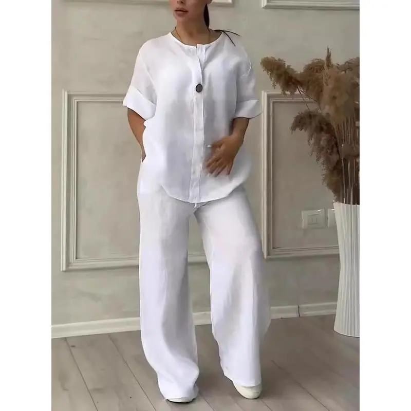 YYW1 Women's 2-Piece Cotton Linen Set, Casual Loose Dolman Sleeve Top & Wide Leg Pants with Chic Crinkled Texture, Co Ord Set, Casual Loungewear Sets