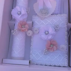 5pcs set Baptism  Candle Set with 8”Candle, Rosary, New Testament & Decorative Elements in Box for B Girls English & Spanish white