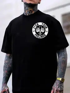 F*ck Your Feelings Skull T-Shirt, Round Neck, Classic Tee, Bold Statement Print, Limited Edition Streetwear Fashion Angel Pattern, Loose American Punk Style, Men's Casual Top, Menswear
