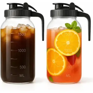 Jar Pitcher Set of 2-64oz (2 Quart) Airtight & Leakproof Glass Pitcher with Lid, Perfect for Storing Breastmilk, Cold Brew, Sun Tea, with Easy-Pour Spout Lid