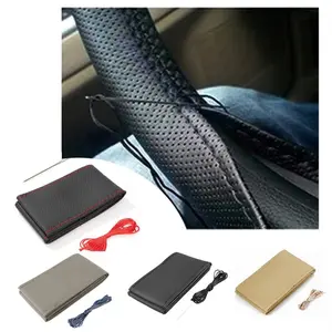 1pc PU Leather Steering Wheel Cover with DIY Sewing Kit (Needle & Threads), DIY Sewing Steering Wheel Protector - Perforated Glossis Design, Sweat-Wicking -Slip Grip, Fit for most Car, Car Interior Accessory