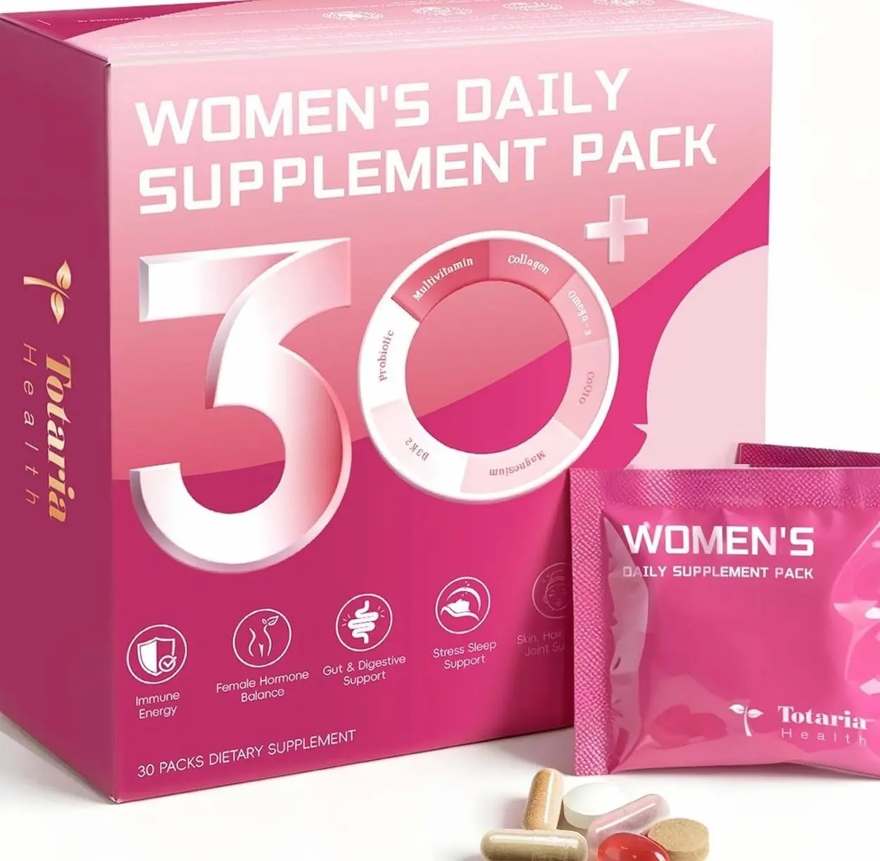 Totaria Multivitamin for Women with Vitamin A,B,C,D3,E,K2, Biotin, Collagen, Magnesium, Ashwagandha, Omega-3, Probiotic, Energy, Beauty, Stress, Calm, 30 Servings