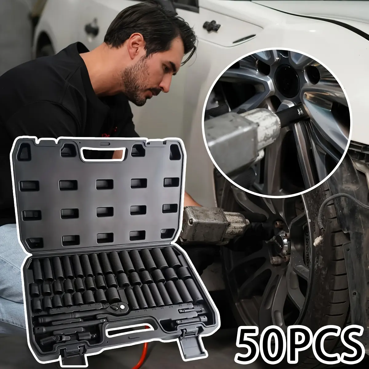 50pcs 3/8" Drive Impact Socket Set with Ratchet Handle, CR-V Steel, Metric (8-22mm) & SAE (5/16-3/4in) Sizes, Adapters Included - Mechanic Tools for Automotive Repair & Home Projects - Ideal Gift for Him