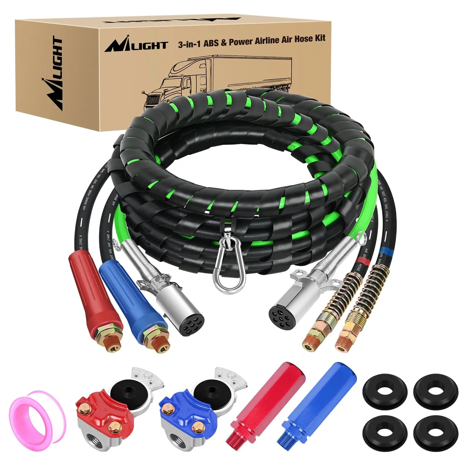 Nilight 12FT 3-in-1 ABS Cable & Rubber Air Line Hose Kit with 1 Pair Glad Hand, Comfortable Grip - Excellent Seal Ability, Trailer Hook-Up Truck Accessory, Truck Accessories