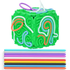 Sensory Fidget Toys Silicone Sensory ActivityCube for Autism ADHD Stress Relief Fidgeting 3DFidget Board with 15 Strings & Storage Bag TravelToys for Christmas Gift