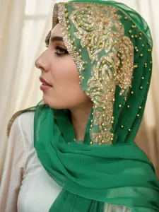 Muslim Chiffon Headscarf with Beads, Women's Long Hijab for Ramadan, Elegant and Stylish Head Wrap