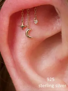 Women's 925 Silver Color Earrings, Star Moon Zirconia Studs, Casual Daily Wear Jewelry, Perfect Gift for Women & Girls