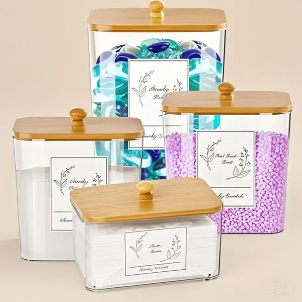4-Pack Square Plastic Laundry Storage Canister Set with Lids - Includes Scoops & Labels, Reusable Stackable Durable Containers for Detergent & Dryer Sheets, Home Organizer Dispenser