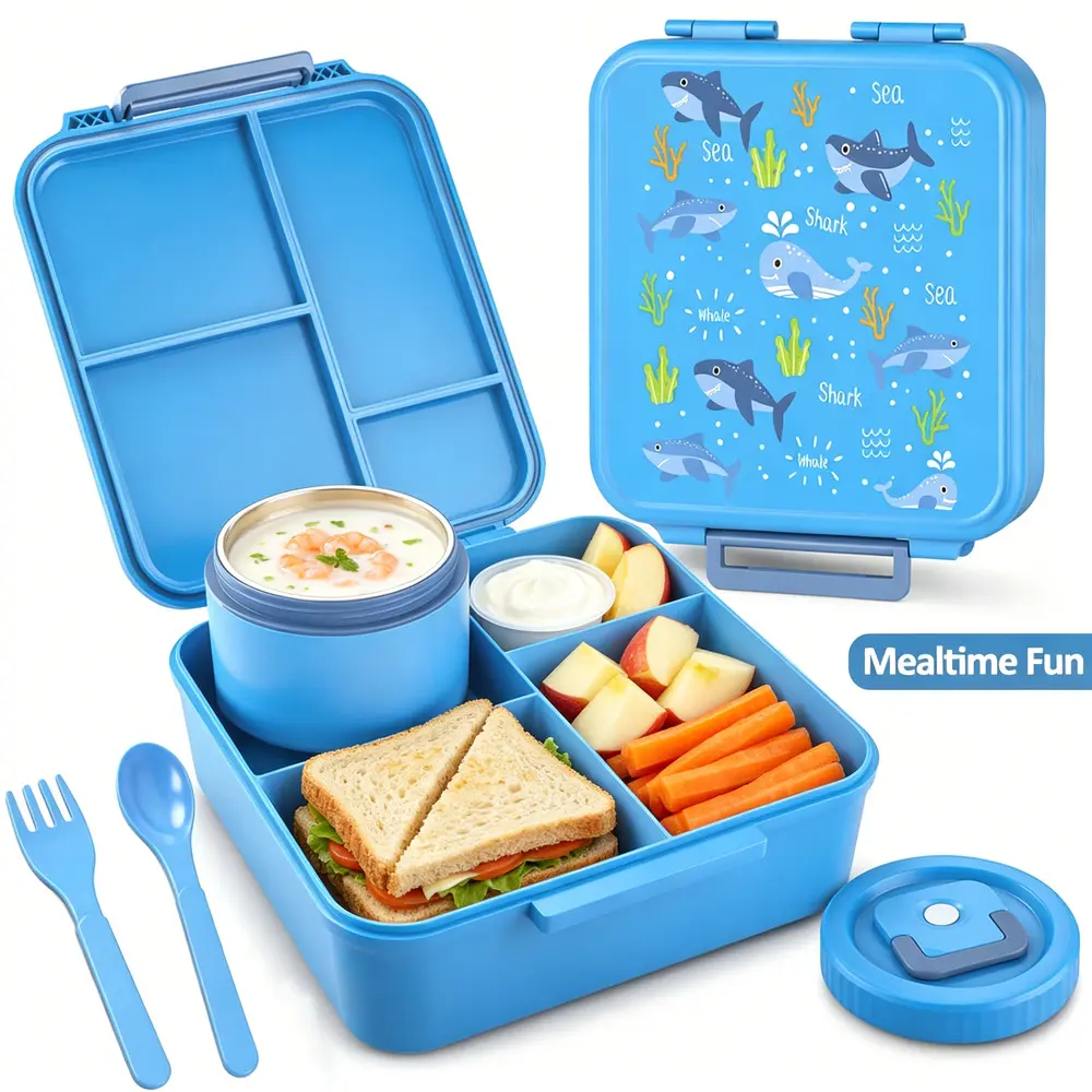 4-Compartment Bento Container Bundle with Insulated Lunch Bag & Soup Thermo Jar, Non-Toxic Odor-Free Plastic Ideal Outdoor Travel Meal Prep