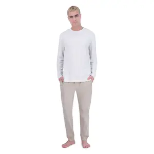 Hanes Originals Men's 2pc Super Soft French Terry Joggers + Long Sleeve Slub Crewneck Sleep Pajama Set - Oatmeal Heather/Sand L