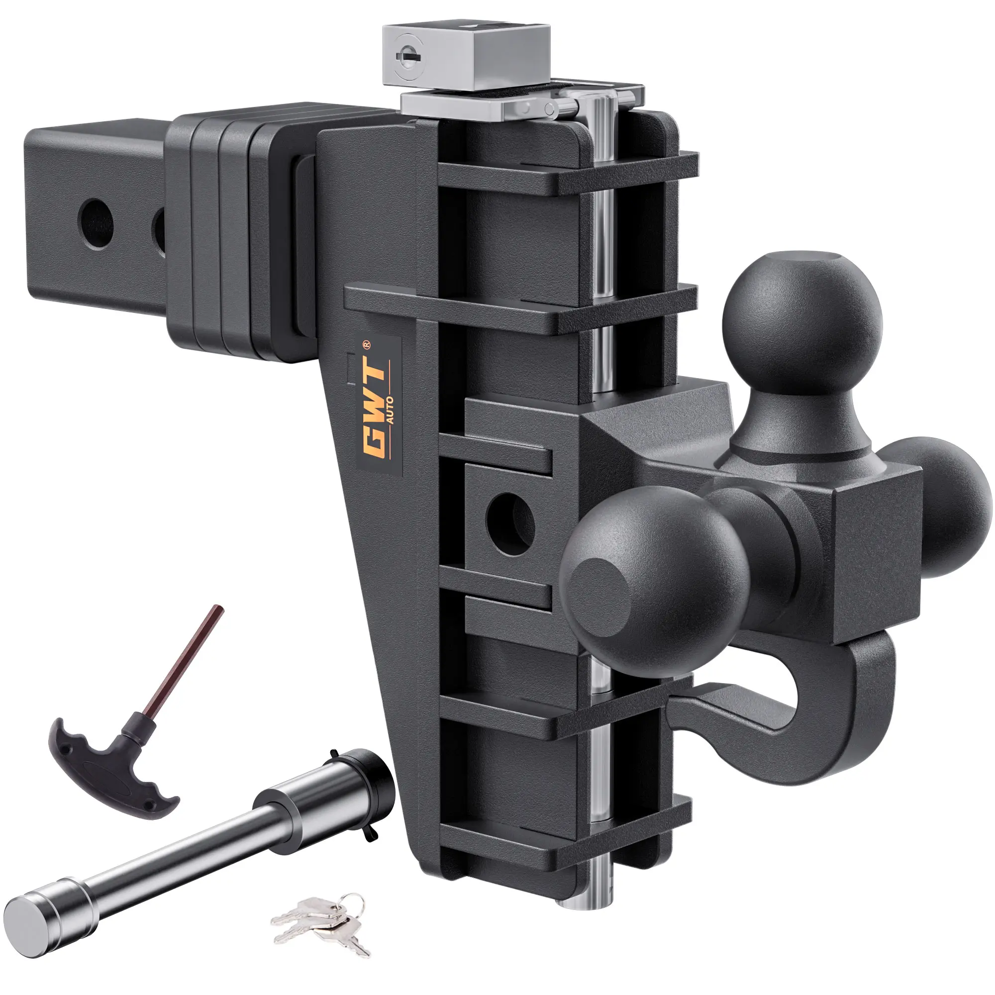 Adjustable Trailer Hitch with Hook, Tri-Ball (1-7/8" x 2" x 2-5/16") Drop Hitch, Fits 2.5-Inch Receiver, 6 Inch Drop Hitch, 18500 LBS GTW-Class 3 Tow Hitch for Heavy Duty Truck, Black