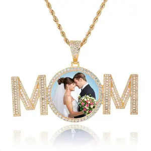 Personalized CZ Letter Mom Pendant Necklace Custom Photo Picture Frame Memorial Medal for Wedding or Party Rope Chain