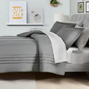 Twin Size Comforter Set Quilted Stripe Bedding Bundle – Comforter, Mattress Protector, Sheets with Pockets on the Side &-in Corner Strap – Fitted Sheet Media for Devices, Gray/Silver