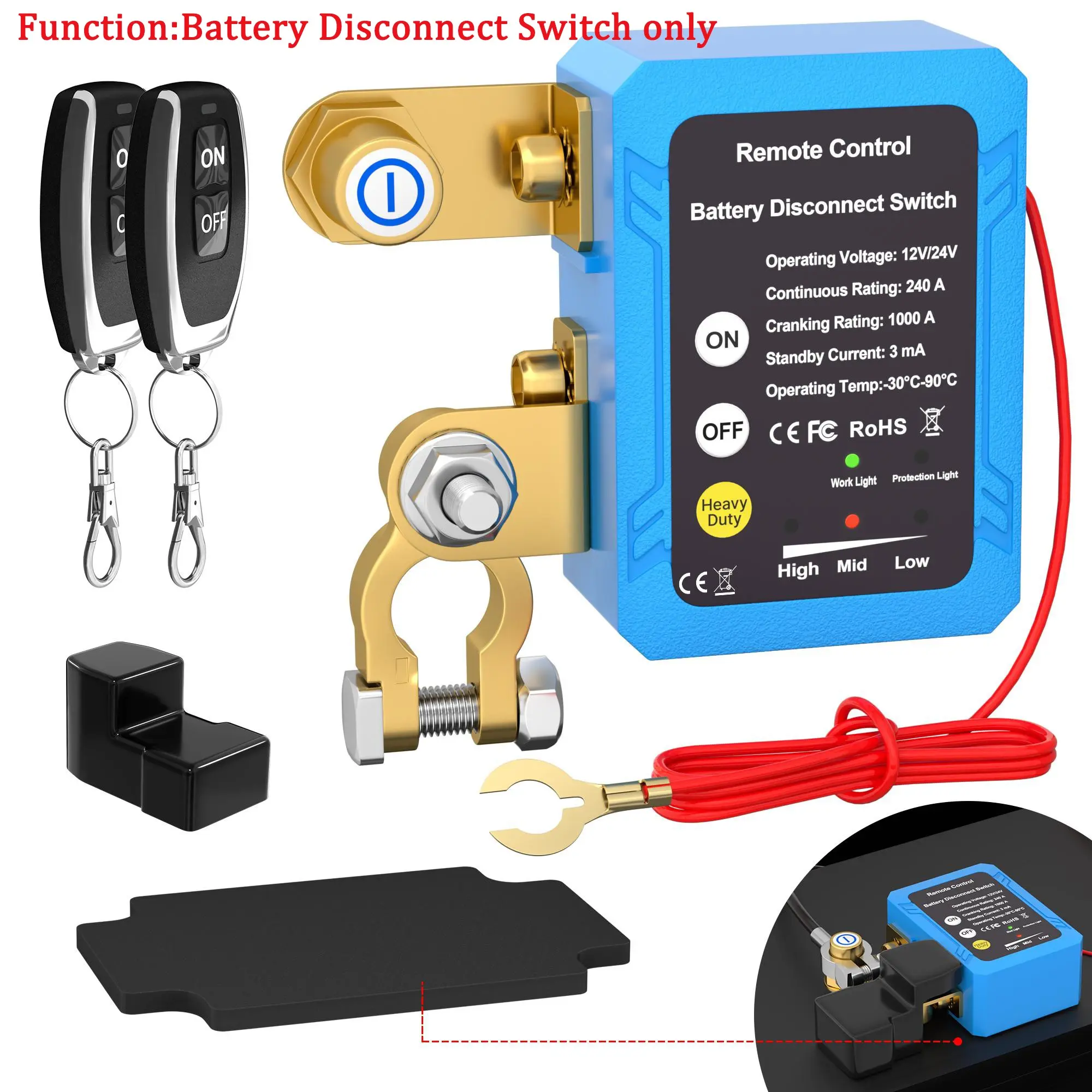 Car Automotive Dc 12V 240a Standby Current Remote Control Switch, Wireless Battery Disconnect Switch with 2 Keys, Only Controls Battery Switch, Cut Off Switch, Power Switch