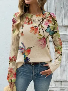 Women's Floral Butterfly Print Stand Collar Sweater, Fall Winter Casual Long Sleeve Knitwear, Fitted, Comfortable Warm Daily Wear