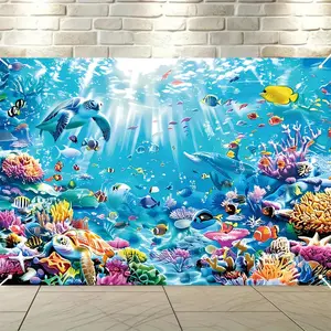 1pc 2D Flat marine life photography background, 150*100 cm - polyester fiber seabed scene banner, with sea turtle, fish and coral, universal festive decoration, no electricity needed, suitable for parties and su