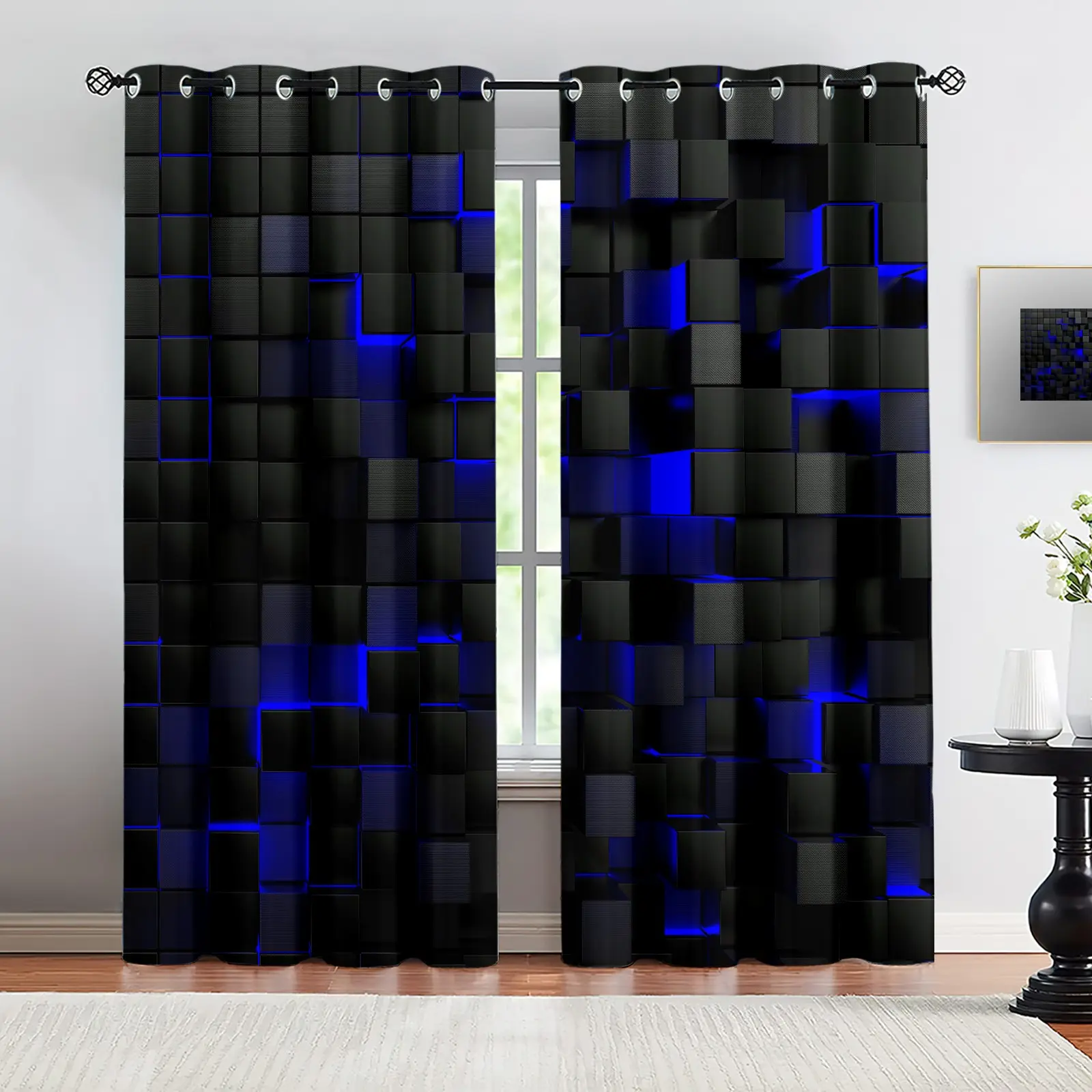 Abstract technology style background pattern composed of three-dimensional blocks, 2 curtain sets, Grommet Curtains, Window Drapes, suitable for living room, balcony, and bedroom windows, perfect for home, seasonal, holiday room decoration