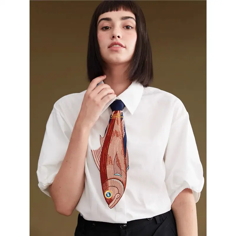 Funny Fish Embroidered Necktie, Novelty Salmon Fish Print Necktie, Casual Aesthetic Tie for Women Men, Y2K Harajuku Style, Unique Statement Accessory for Daily/Party/Office