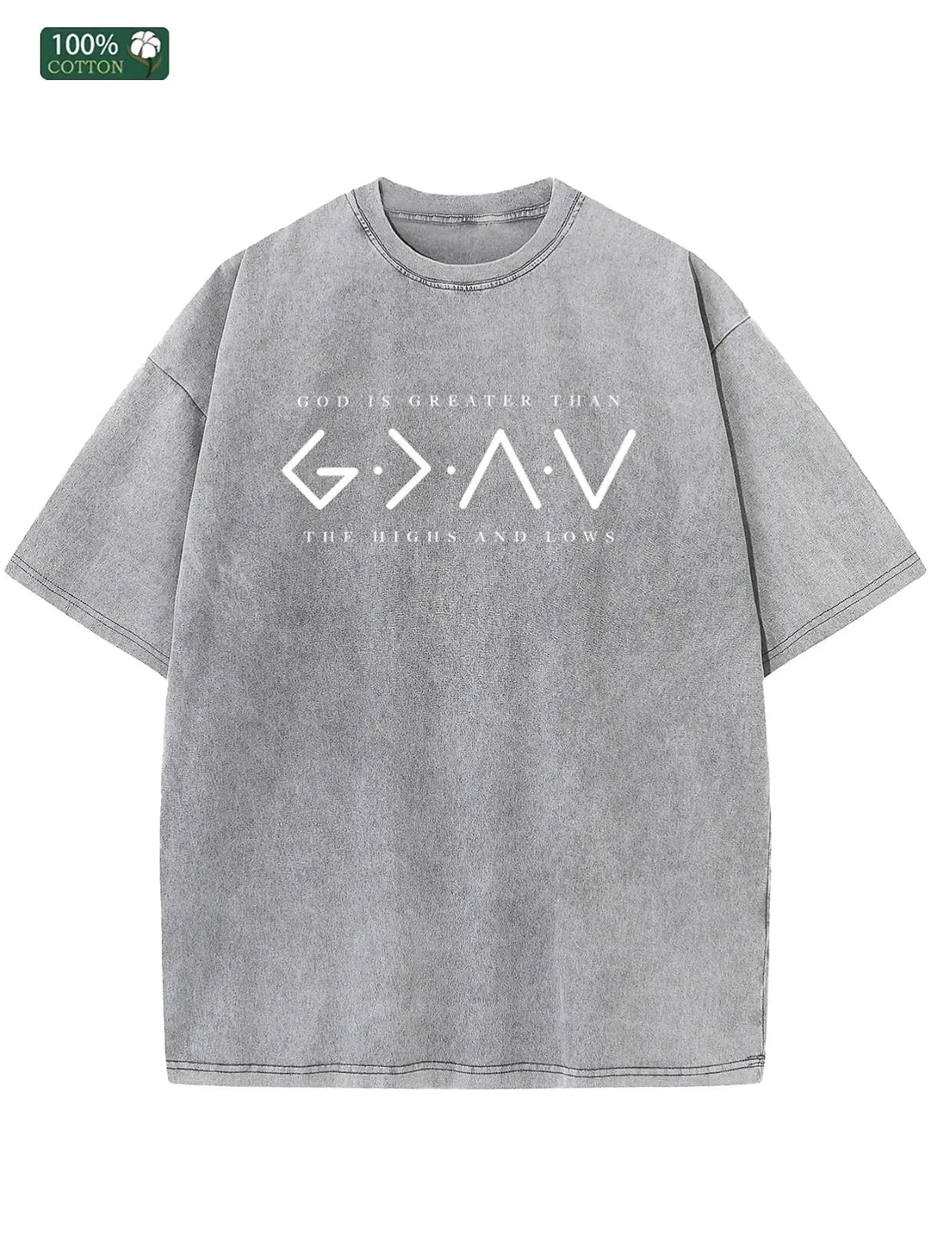 Men's Graphic T-Shirt in Vintage Washed 230g Cotton, Casual Drop-Shoulder Short-Sleeve with 'God Is Greater' Print, Father's Day Gift, Tshirt, Shortsleeve, Sportswear, Round Neck, Mens Clothing, Clothes, Distressed, Casual Fit, Streetwear, Festive