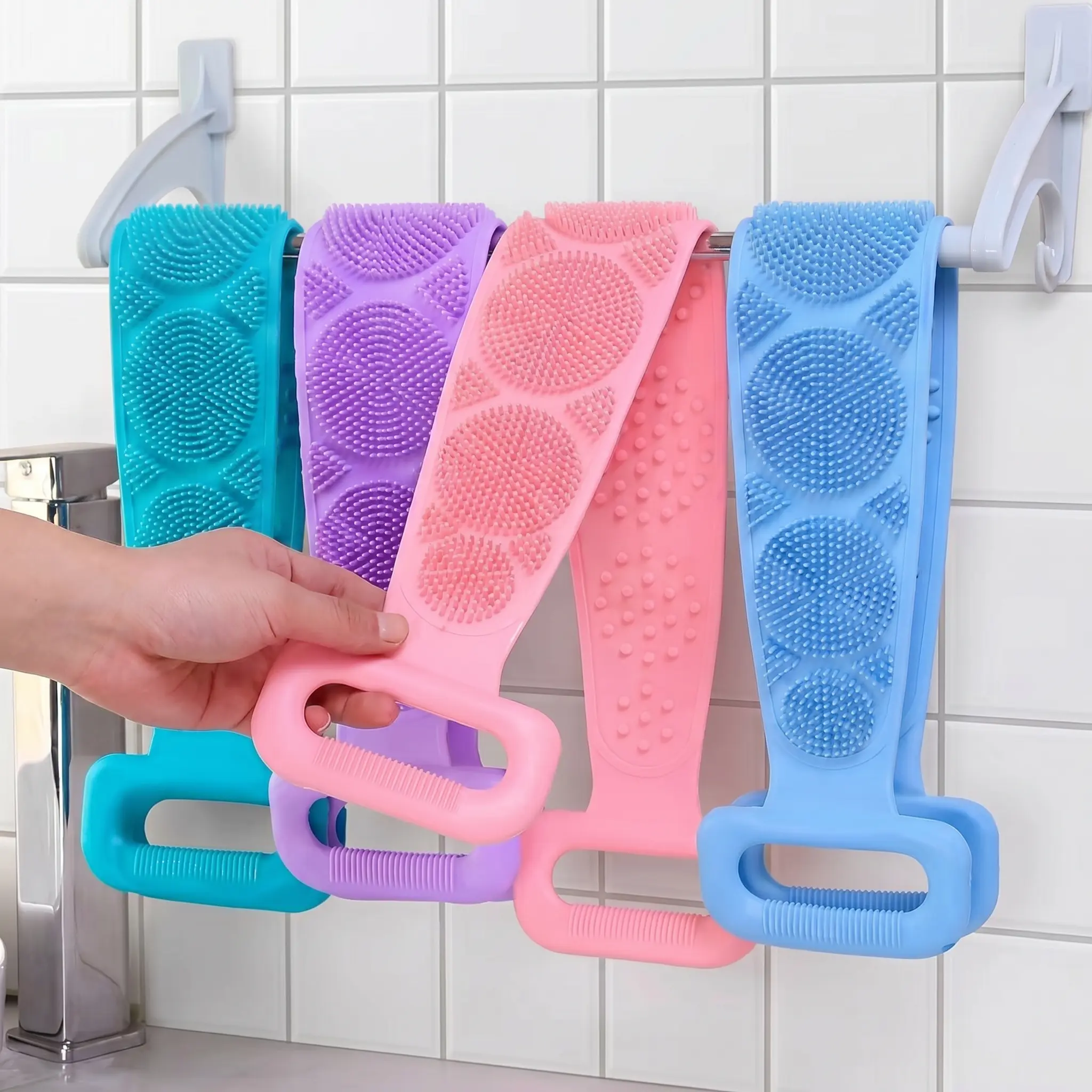 Double-Sided Silicone Back Scrubber, Exfoliating Body Brush Strap, Gentle Bathing Accessory for All Skin Types, Body Brush for Showering, Flexible Silicone Body Brushes