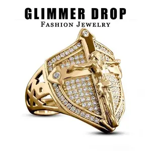 Men's Gold Shield Jesus Relief Full Rhinestone Ring - Alloy Bold Personalized Statement Finger Jewelry Religious Ring