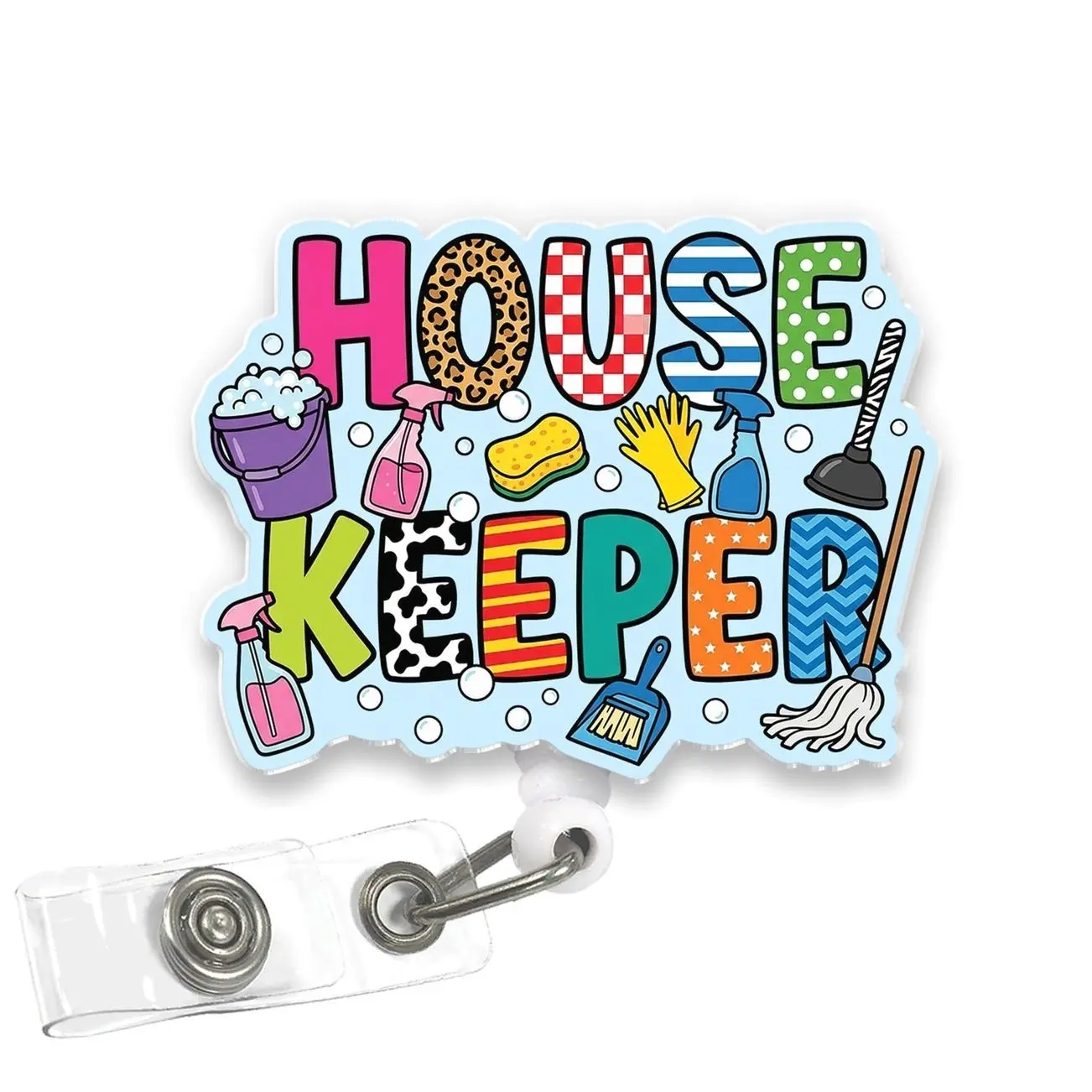 Housekeeper Badge Reel, Funny Housekeeping Squad Acrylic Retractable ID Holder with Clip, EVS Cleaning Crew Gift for Hotel Staff KQGK 0S8