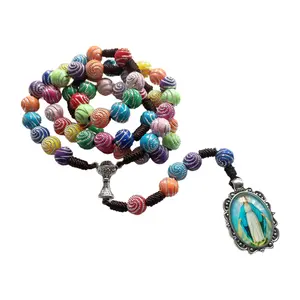 Vintage Colorful Beads Rosary Necklace with Mary Pendant Necklaces Religious Catholic Prayer Gifts for Men Women Jewelry Charm