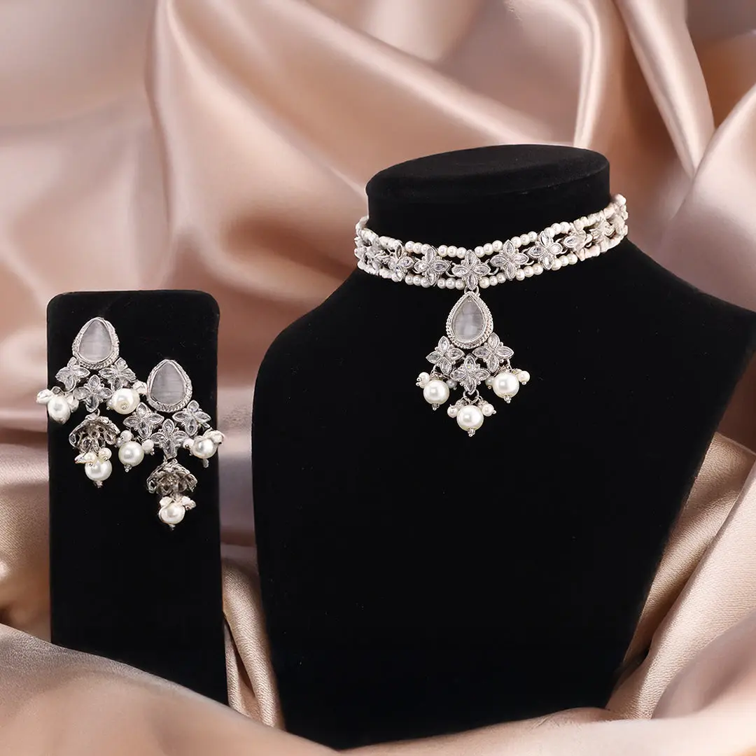 DIANA Silver-Tone Crystal & Pearl Kundan Choker Set with Earrings | South Asian Indian Pakistani Bridal Jewelry