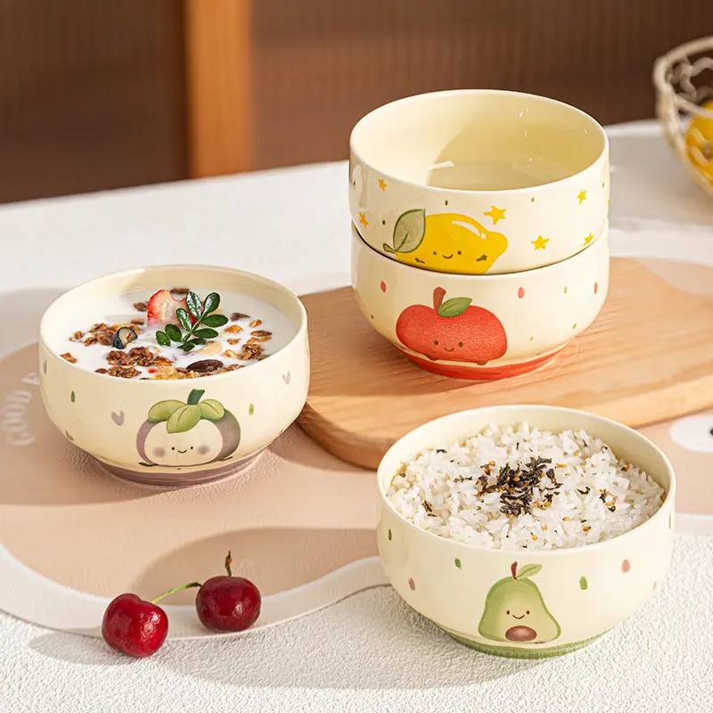4 Set Cartoon Fruit Ceramic Bowl Creative Kawaii Hand-Painted Ceramic Anti-Scald Soup Bowl Home Kitchen Noodle Ramen Ceramics Tableware Bowl Cereal Bowls Ceramic Salad Bowls Ceramic Food Bowl