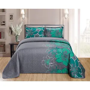 Home Collection Quilt Bedspread Set Over Size Flowers Printed Grey Turquoise King/California King New