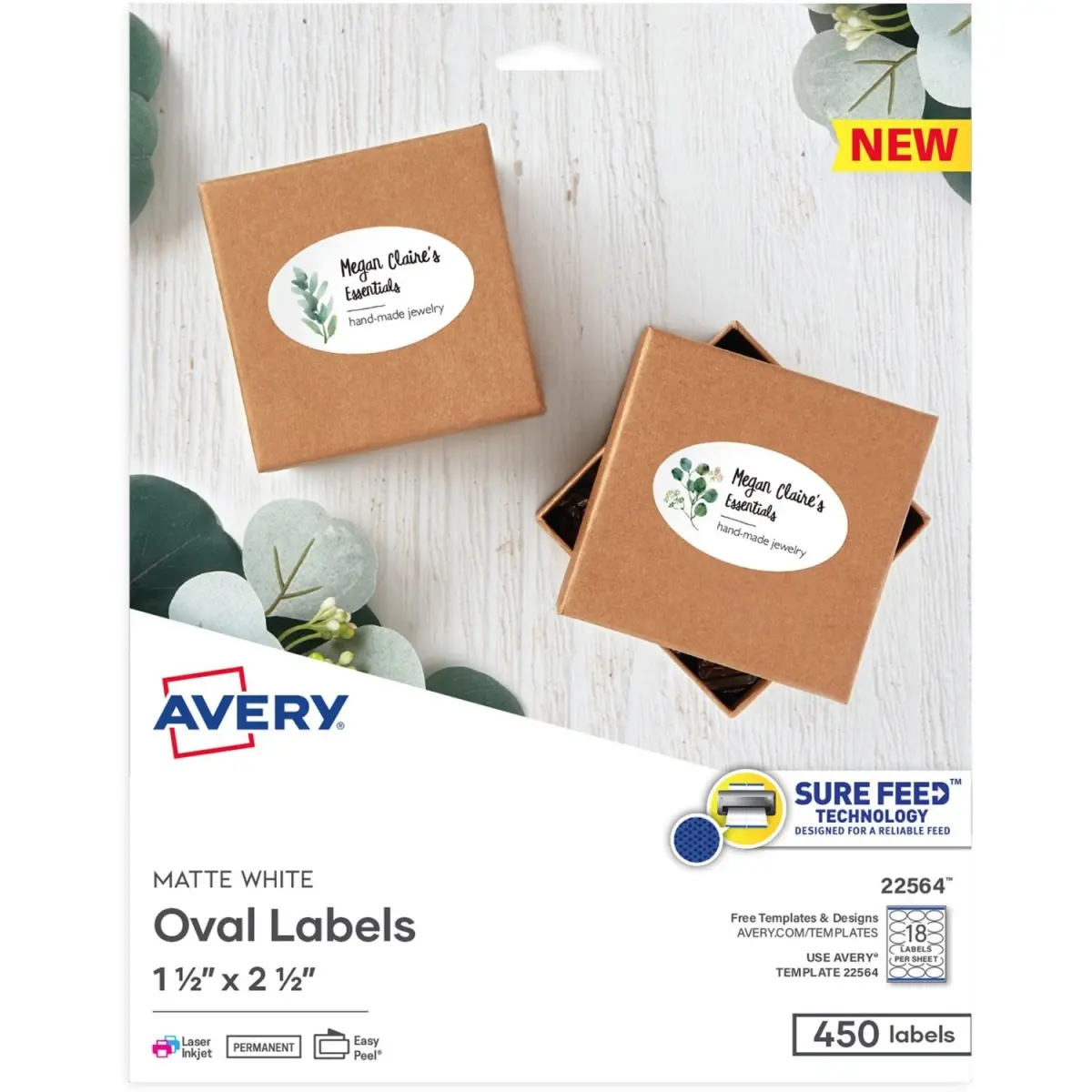 Avery AVE22564 Oval Sure Feed Labels - 1.5x2.5 in Matte White Paper, Laser & Inkjet Compatible, Pack of 450
