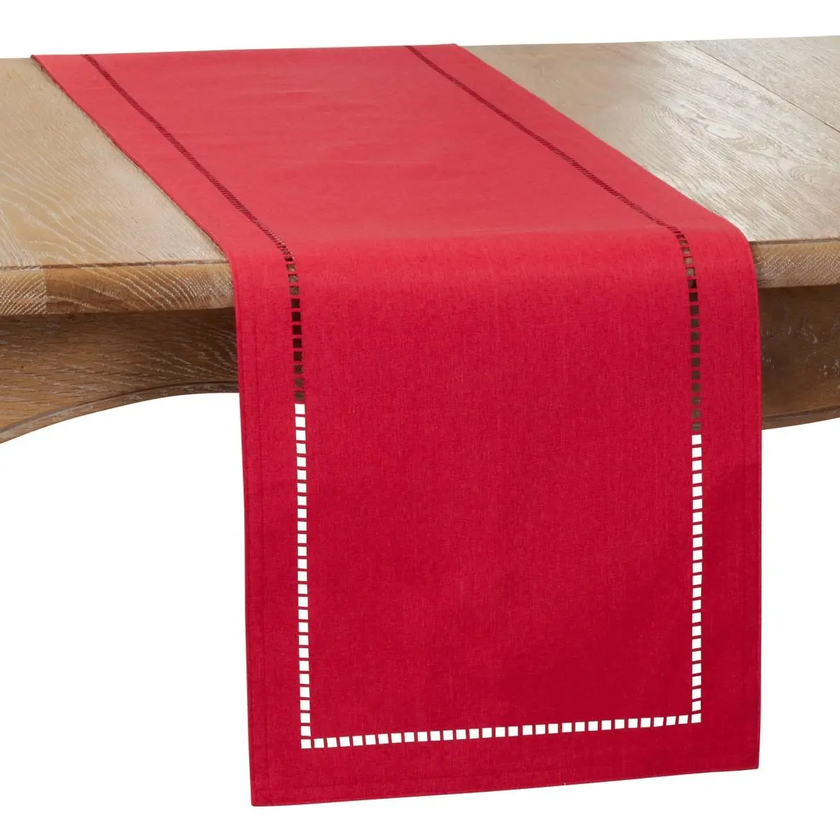 SARO 14 x 90 in. Oblong Red Laser-Cut Hemstitch Table Runner