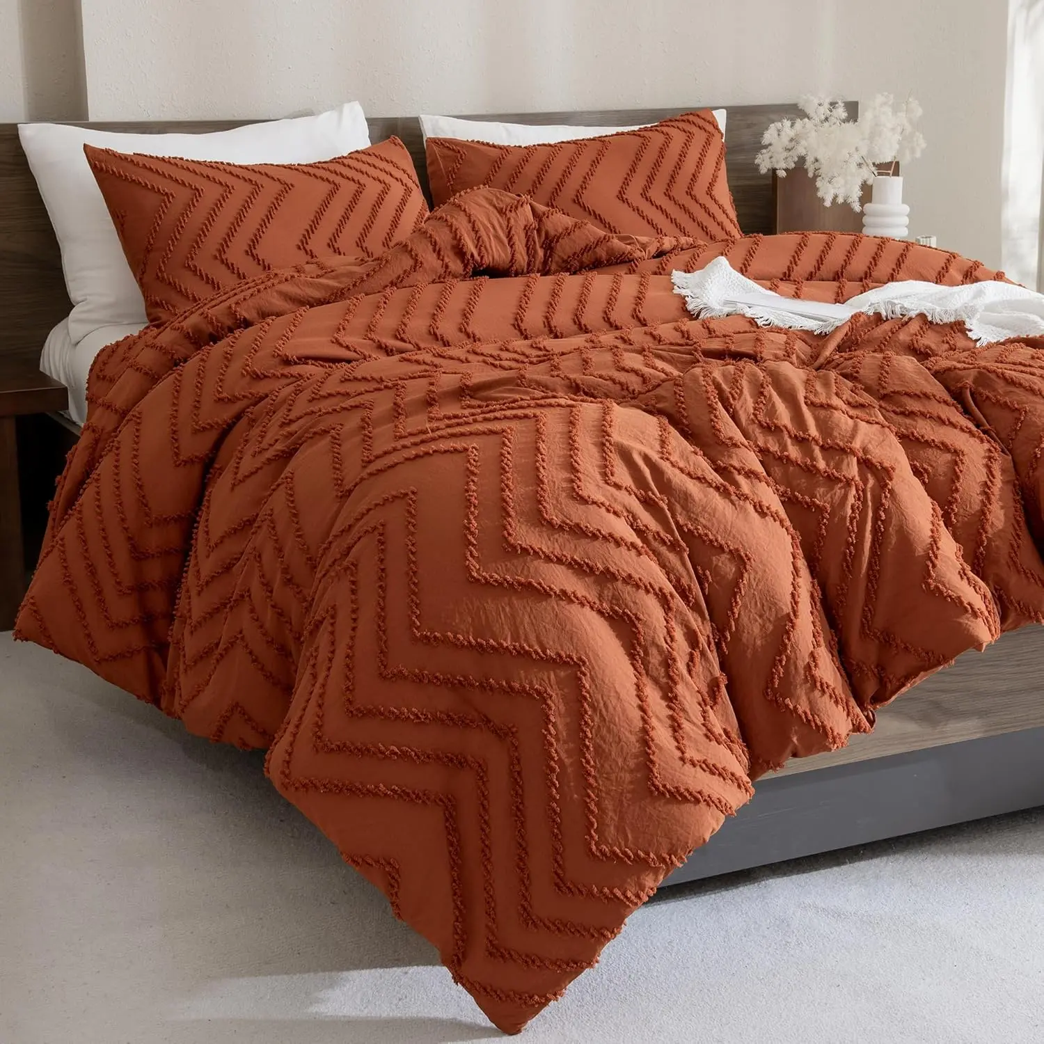 Burnt Orange Comforter for Queen Size, Boho Terracotta Warm Comforter Sets for Queen, 3 Rust Chevron Tufted Aesthetic Microfiber Lightweight Comforter